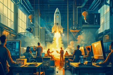 Spectacular Space Rocket Launch as Team of Engineers and Scientists Watch in Amazement from High Tech Facility Control Room - obrazy, fototapety, plakaty