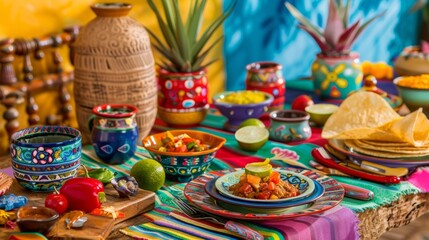 A photo of a vibrantly decorated Cinco de Mayo table setting with traditional dishes and festive tableware