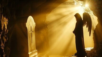 A photo of an empty tomb with an angel silhouette standing guard, bathed in a soft, ethereal light