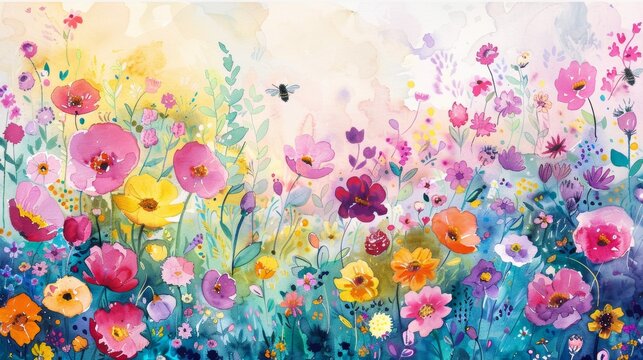 A photo of a vibrant watercolor painting of a spring garden with blooming flowers and buzzing bees