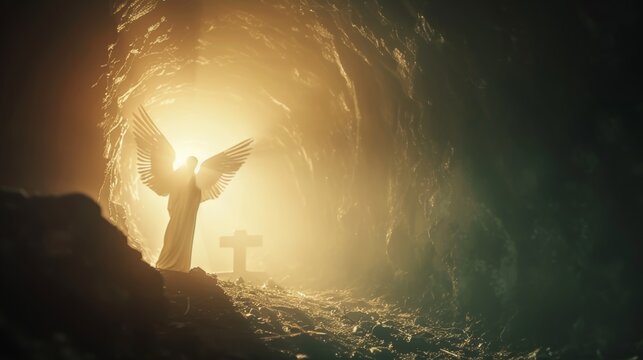 A photo of an empty tomb with an angel silhouette standing guard, bathed in a soft, ethereal light
