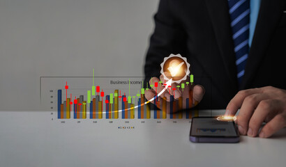 Close-up image of businessman pointing at growth arrow graph and financial network connection Analyze data to increase sales and profit margins to meet business investment goals. - obrazy, fototapety, plakaty