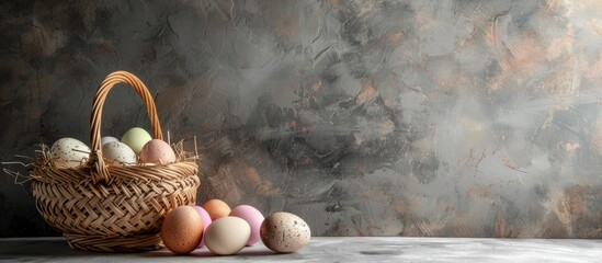 Easter card concept with eggs displayed on a concrete background from a basket placed above. - obrazy, fototapety, plakaty