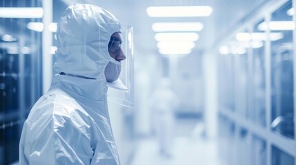 A worker wearing a protective suit monitoring the production process of thinfilm solar panels in a controlled cleanroom environment. . AI generation. - obrazy, fototapety, plakaty