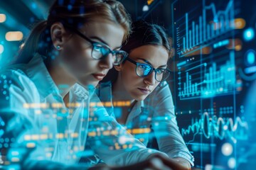 Two Female Professionals Analyzing Data on Futuristic Transparent Display Screen in High Tech Office