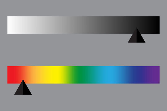 Grayscale and spectrum gradients. Contrast comparison bars. Light to dark, color transition. Graphic design resource. Vector illustration. EPS 10.