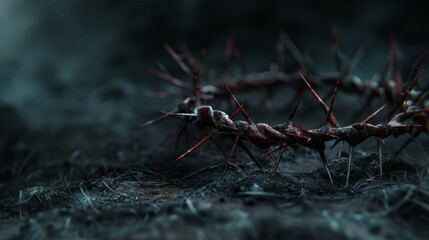 A crown of thorns resting on a dark background - obrazy, fototapety, plakaty