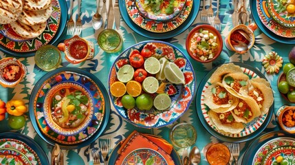 A photo of a vibrantly decorated Cinco de Mayo table setting with traditional dishes and festive...