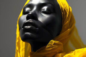 portrait of an African glamorous woman model with a yellow scarf on her head. fashion and beauty