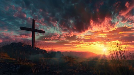 A rugged wooden cross silhouetted against a dramatic sunset sky (Good Friday) - obrazy, fototapety, plakaty