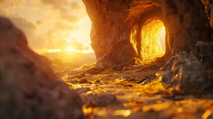 close-up of an empty tomb bathed in golden light, symbolizing Christ's resurrection 