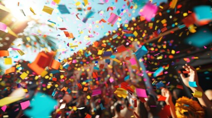 close-up of colorful confetti raining down on a crowd celebrating Cinco de Mayo.