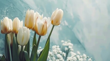  a bouquet of white and yellow tulips with baby's breath in front of a background of water.