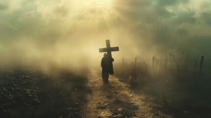 A lone figure carrying a heavy wooden cross on a dusty path  - Powered by Adobe