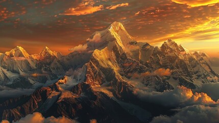 A majestic mountain range bathed in the golden light of dawn, symbolizing hope and renewal  - obrazy, fototapety, plakaty
