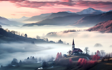 Catholic Church against the backdrop of evening fog in the mountains. religion and christianity