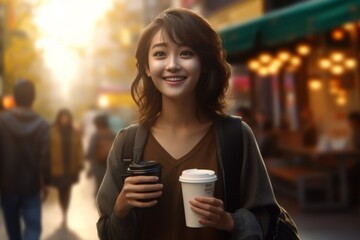 Pretty young Asian woman in business casual attire holds a glass of takeaway coffee in her hand at the outdoor field with happiness. Generative AI.