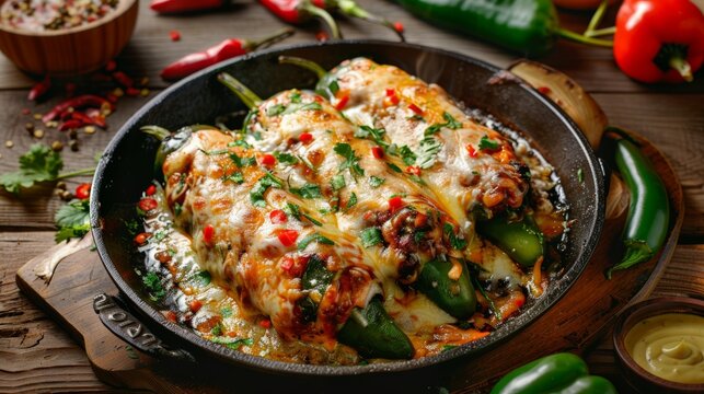 A sizzling plate of chiles rellenos, stuffed chilies with a cheesy filling, a crowd favorite ,mexican cuisine