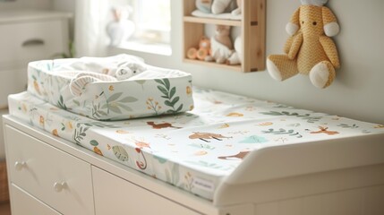 Obraz premium A playful nursery with a pastelcolored changing table cover featuring a charming woodland animal print.