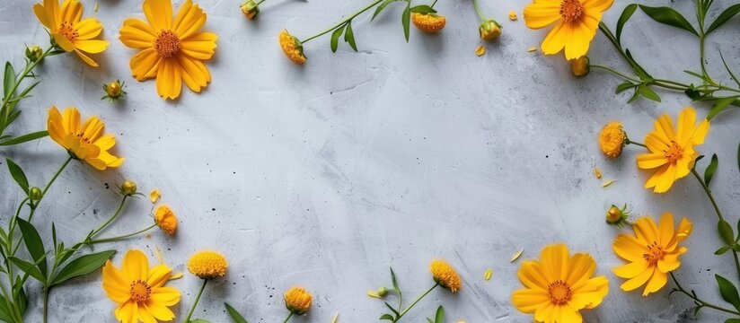 A Flat Lay Arrangement Featuring A Yellow Flower Frame Set Against A Gray Background, With A Square Layout And Room For Text.