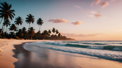 Fototapeta premium A tranquil beach at sunset, with pastel skies casting a warm glow over the gentle waves and palm trees swaying in the breeze