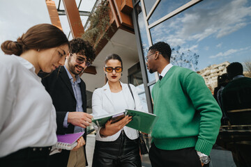 A multicultural startup team participates in a strategic outdoor business meeting, discussing growth plans.