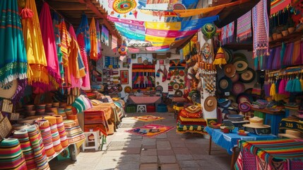 A  vibrant Mexican mercado (market) filled with colorful fabrics and Cinco de Mayo decorations. 