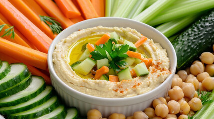 A white bowl filled with hummus, carrot sticks, and celery on a table.