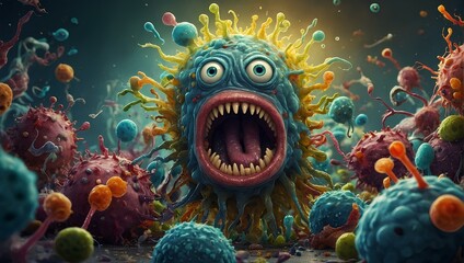 A playful and cartoonish depiction of a group of germs and bacteria. Science - obrazy, fototapety, plakaty