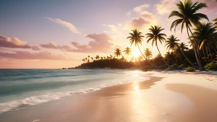 Fototapeta premium A tranquil beach at sunset, with pastel skies casting a warm glow over the gentle waves and palm trees swaying in the breeze