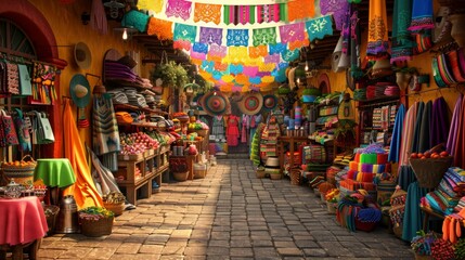 Obraz premium A vibrant Mexican mercado (market) filled with colorful fabrics and Cinco de Mayo decorations. 