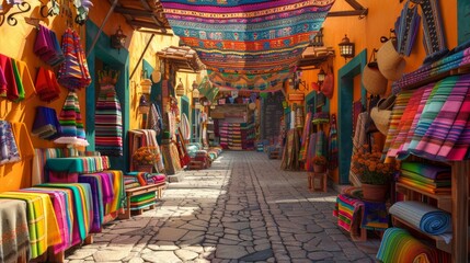 Fototapeta premium A vibrant Mexican mercado (market) filled with colorful fabrics and Cinco de Mayo decorations. 