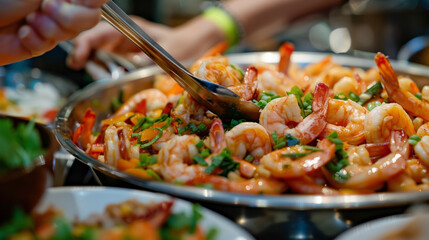 A close-up view of a pan filled with cooked shrimp and assorted ingredients, showcasing a delicious...