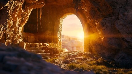 An empty tomb bathed in golden light at sunrise, symbolizing Jesus' resurrection