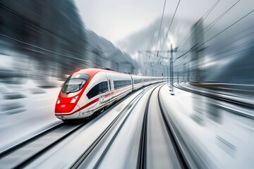 Fototapeta premium High-speed commuter train. Modern electric express train moves on railway on misty blurred background