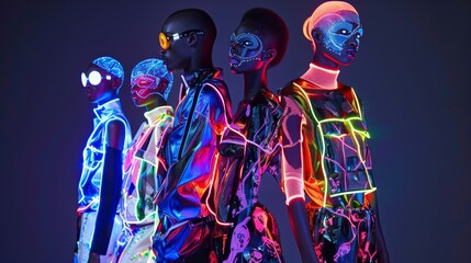 Bright neon lights and glowing elements are incorporated into clothing and accessories, reflecting the high-tech environment