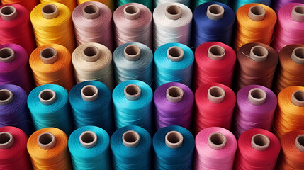 Fototapeta premium Spools of colorful yarn arranged in a pattern, textile industry