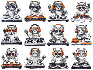 Hip Cat Party. Cats Wearing Headphones and Sunglasses for Music Jam