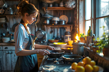 young beautiful woman preparing food in the kitchen. cooking salad in the kitchen. Healthy eating, vegetarian food and dieting concept - obrazy, fototapety, plakaty