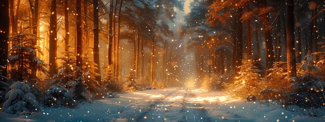 A winter wonderland with snowcovered trees, sunlight filtering through the branches in a serene natural landscape, resembling a painting of a snowy forest - obrazy, fototapety, plakaty