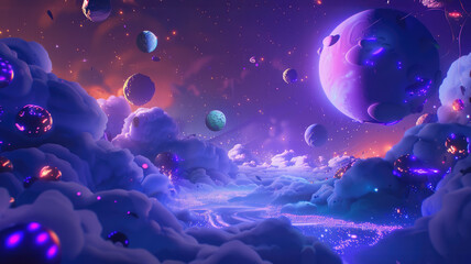 Surreal cosmic landscape with glowing clouds - Dreamy scenery with colorful planets, stars, and glowing clouds offering a mesmerizing cosmic view