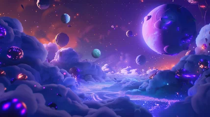 Rolgordijnen Surreal cosmic landscape with glowing clouds - Dreamy scenery with colorful planets, stars, and glowing clouds offering a mesmerizing cosmic view © Tida