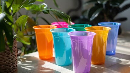 A set of colorful plastic cups with custom logo imprints sure to catch the eye at any outdoor event. - obrazy, fototapety, plakaty