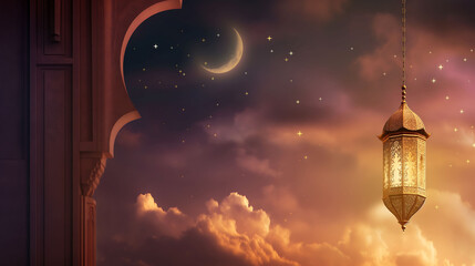 Eid Lanterns and Crescent Moon, Night Sky and Stars