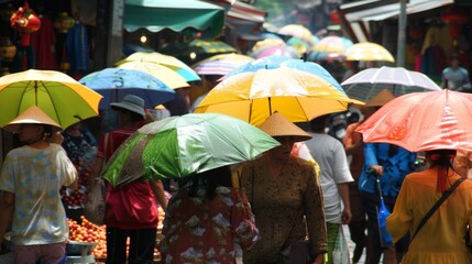 People carry umbrellas or wear hats to try and shield themselves from the blazing sun seeking any form of shade they can find. - obrazy, fototapety, plakaty