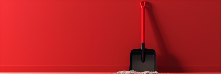 Snow Shovel Against Red Wall with Piled Snow