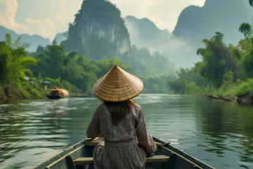Foto op Canvas Woman in Vietnamese hat sitting in a riverboat © InfiniteStudio