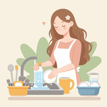 Vector illustration of a woman washing dishes with a simple and minimalist flat design style