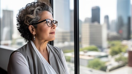 mature optimistic latina hispanic businesswoman woman female executive CEO in corporate modern office thinking contemplating and looking out window skyscraper cityscape daytime with - obrazy, fototapety, plakaty