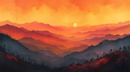 Gordijnen Watercolor paintings of beautiful mountain landscapes bathed in the golden light of a sunrise or sunset. © Gun